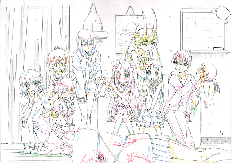 10s, 6+girls, a_channel, ano_hi_mita_hana_no_namae_wo_bokutachi_wa_mada_shiranai., astarotte_ygvar, c_(control), colored_pencil_(medium), crossover, denpa_onna_to_seishun_otoko, dog_days, frills, hanasaku_iroha, honma_meiko, horns, ichii_tooru, lineart, lotte_no_omocha!, makise_kurisu, mashu, mashu_(control), matsumae_ohana, millhiore_f._biscotti, monochrome, multiple_crossover, multiple_girls, sakuma_rinko, science_adventure, season_connection, sey, steins;gate, touwa_erio, traditional_media, yondemasu_yo_azazel-san.