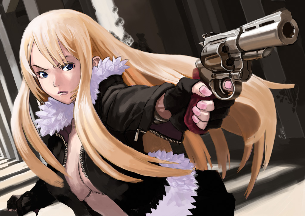 1girl, atam, bad_id, bad_pixiv_id, blonde_hair, blue_eyes, breasts, center_opening, cleavage, dual_wielding, female_focus, fingerless_gloves, fur, gloves, gun, handgun, holding, jacket, left-handed, long_hair, open_clothes, open_jacket, original, pistol, revolver, solo, weapon, zipper
