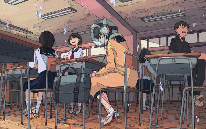 1boy, 4girls, amamoto_air, bag, black_hair, classroom, commentary, desk