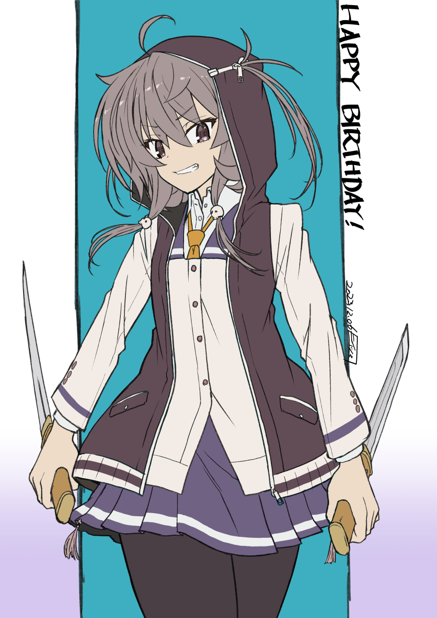 1girl, absurdres, ahoge, black_pantyhose, brown_jacket, collared_shirt, commentary_request, cowboy_shot