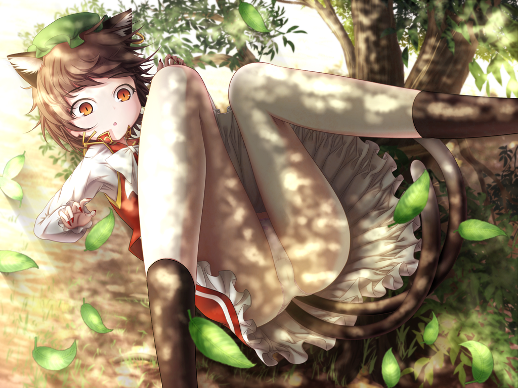 1girl, animal_ears, brown_eyes, cat_ears, cat_girl, cat_tail, chen, earrings, female_focus, fingernails, hat, irigoma_(jikabi_baisen), jewelry, kujira-kousen, leaf, long_fingernails, outdoors, panties, pantyshot, short_hair, single_earring, solo, tail, touhou, tree, underwear, upskirt, white_panties