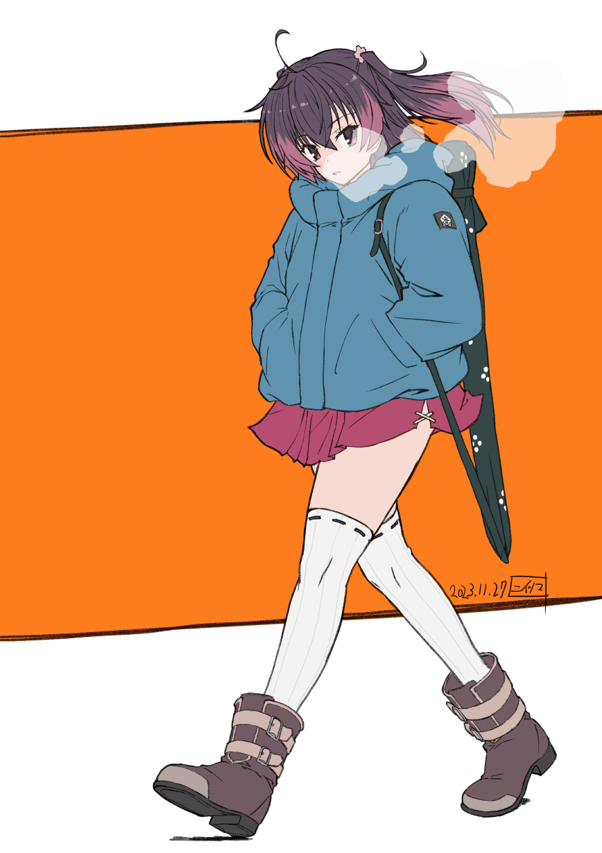 1girl, ahoge, asakura_mihono, blue_jacket, boots, brown_boots, brown_eyes, brown_hair