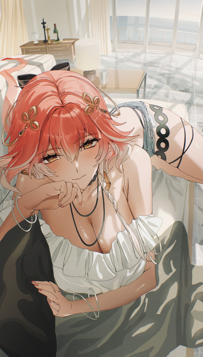 1girl, absurdres, black_bow, bow, braid, breasts, changli_(wuthering_waves), cleavage