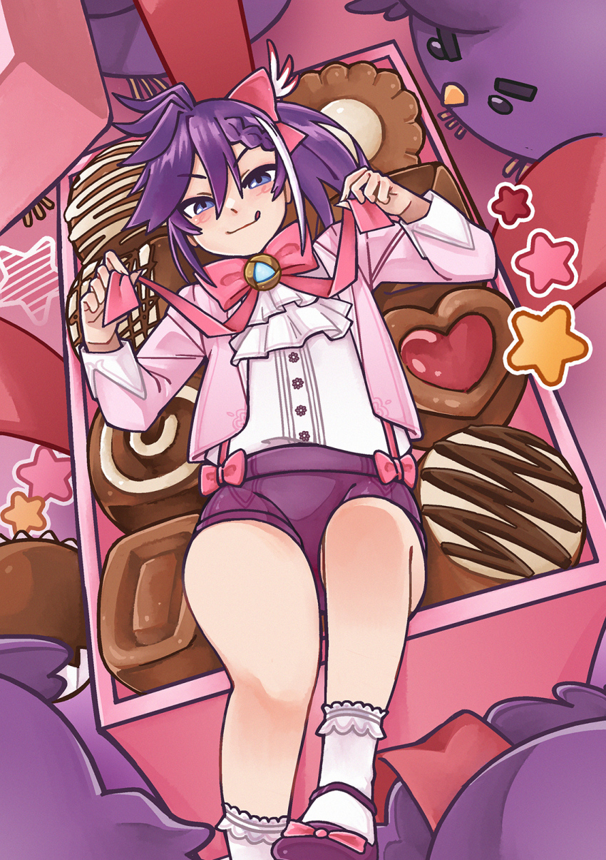 1boy, alternate_costume, ascot, banzoin_hakka, bird, blue_eyes, blush, boruselei, bow, bowtie, box, box_of_chocolates, buttons, cardigan, chocolate, commentary, english_commentary, frilled_socks, frills, gift, gift_box, hair_between_eyes, hair_bow, hakkito_(banzoin_hakka), happy_valentine, highres, holostars, holostars_english, licking_lips, long_hair, long_sleeves, looking_at_viewer, lying, male_focus, multicolored_hair, on_back, pink_bow, pink_bowtie, pink_cardigan, ponytail, purple_hair, short_shorts, shorts, smile, socks, solo_focus, star_(symbol), streaked_hair, suspender_shorts, suspenders, thighs, tongue, tongue_out, trap, valentine, virtual_youtuber, white_ascot, white_hair
