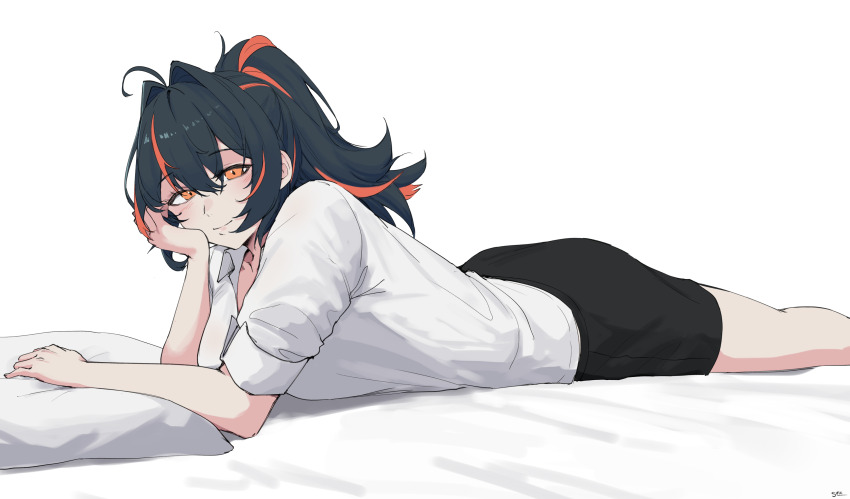 1girl, absurdres, ahoge, black_hair, black_shorts, closed_mouth, cowboy_shot, hair_between_eyes