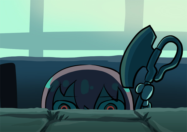 1girl, amate_yuzuriha, aqua_eyes, axe, chibi, gundam, gundam_gquuuuuux, heat_hawk