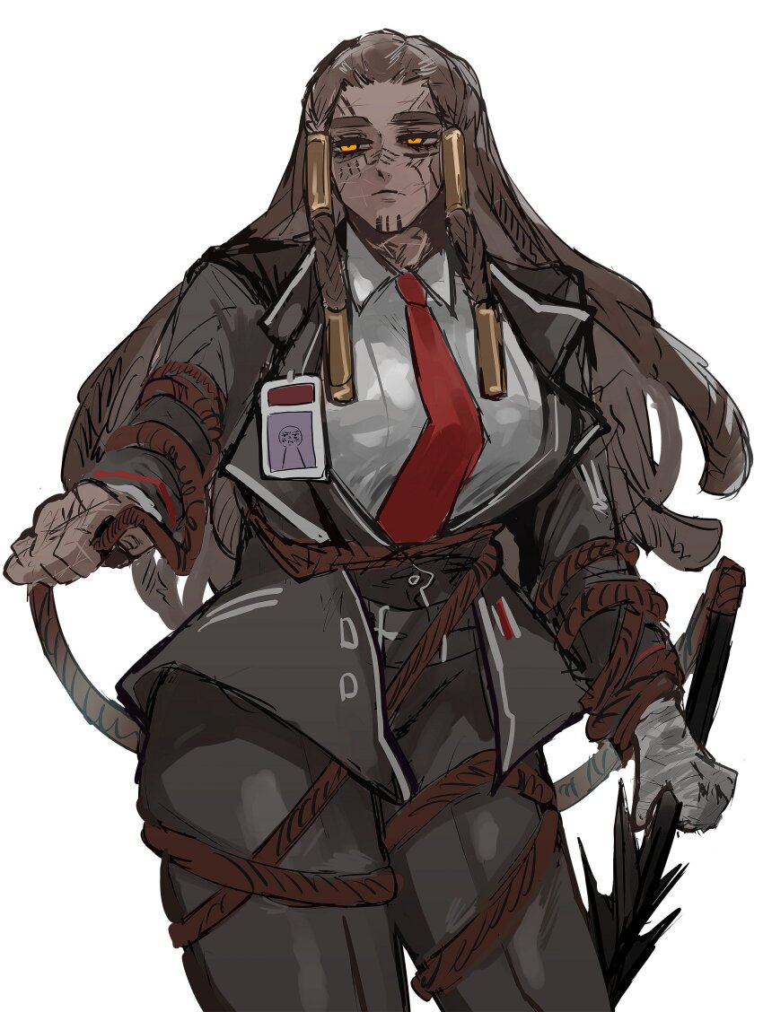 1girl, absurdres, black_jacket, black_pants, black_vest, braided_dreadlocks, brown_hair, cowboy_shot, dark-skinned_female, dark_skin, dress_shirt, facial_tattoo, full-body_tattoo, hair_tubes, highres, holding_harpoon, jacket, kisaaka, limbus_company, long_hair, metal_hair_tubes, necktie, orange_eyes, pants, project_moon, queequeg_(project_moon), red_necktie, rope_around_waist, rope_around_wrist, shirt, simple_background, solo, tattoo, very_long_hair, vest, white_background, white_shirt