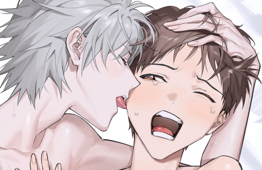 2boys, blush, brown_eyes, brown_hair, closed_eyes, collarbone, forced_kiss, grey_hair, himo_(himodayoo), ikari_shinji, kiss, licking, male_focus, multiple_boys, nagisa_kaworu, neon_genesis_evangelion, non-web_source, one_eye_closed, open_mouth, red_eyes, short_hair, sweat, tears, teeth, tongue, tongue_out, white_background, yaoi