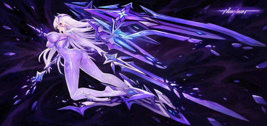 1girl, absurdres, android, arched_back, barefoot, bodysuit, breasts, broken, broken_weapon, covered_erect_nipples, dual_wielding, floating, full_body, hair_between_eyes, hair_ornament, highres, holding, holding_sword, holding_weapon, impossible_bodysuit, impossible_clothes, large_breasts, long_bangs, long_hair, looking_at_viewer, looking_back, mecha_musume, mechanical_wings, nornium, official_art, open_mouth, original, red_eyes, shiny_clothes, skin_tight, solo, sword, transparent, transparent_body, weapon, white_hair, wings, zhuore_zhi_hen
