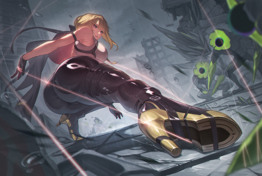 1girl, absurdres, ass, bare_shoulders, black_gloves, black_jacket, black_pants, blonde_hair, breasts, commentary, debris, elbow_gloves, english_commentary, et0, ethereal_(zenless_zone_zero), evelyn_chevalier, gloves, hand_on_ground, high_heels, highres, jacket, large_breasts, looking_at_viewer, outdoors, pants, parted_lips, purple_eyes, rain, revision, shirt, short_hair, single_elbow_glove, solo, tight_clothes, tight_pants, white_shirt, zenless_zone_zero