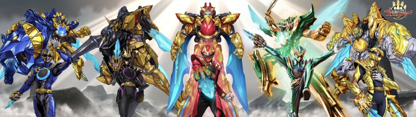 1girl, 2025, 20s, 4boys, adk-em, akutsu_jun'ichi, animal_ears, arm_blade, arm_cannon, armor, artist_collaboration, bandai, bandai_namco, bird, black_armor, black_bodysuit, black_helmet, blue_armor, blue_bodysuit, blue_eyes, blue_helmet, bodysuit, buckle, claws, copyright_name, cowboy_shot, eagle, fangs, gauntlets, glowing, glowing_eyes, gozyu_eagle, gozyu_leon, gozyu_tyranno, gozyu_unicorn, gozyu_wolf, green_armor, green_bodysuit, green_helmet, group_picture, helmet, highres, holding, holding_pole, holding_shield, horns, ichikawa_sumino, jewelry, lance, lion, lion_ears, mecha, multiple_boys, no.1_sentai_gozyuger, official_art, oobari_masami, pole, polearm, red_armor, red_bodysuit, red_eyes, red_helmet, ring, robot, second-party_source, sentairing, sentairing:_gozyu_eagle, sentairing:_gozyu_tyranno, sentairing:_gozyu_unicorn, sentairing:_gozyu_wolf, sentairing:_tegasword_blue, sentairing:_tegasword_green, sentairing:_tegasword_red, sentairing:_tegasword_yellow, shield, shimizu_eiichi, shimoguchi_tomohiro, single_gauntlet, single_horn, super_sentai, sword, tega_sword_(character), tega_sword_black, tega_sword_blue, tega_sword_green, tega_sword_red, tega_sword_yellow, tegasword, tegasword_(mecha), tegasword_black, tegasword_blue, tegasword_green, tegasword_red, tegasword_yellow, tenjin_hidetaka, toei_company, tokusatsu, tsumegabuckle, tv_asahi, tyrannosaurus_rex, unicorn, unicorn_horn, watermark, weapon, wings, wolf, wolf_ears, yamashita_takato, yellow_armor, yellow_bodysuit, yellow_helmet