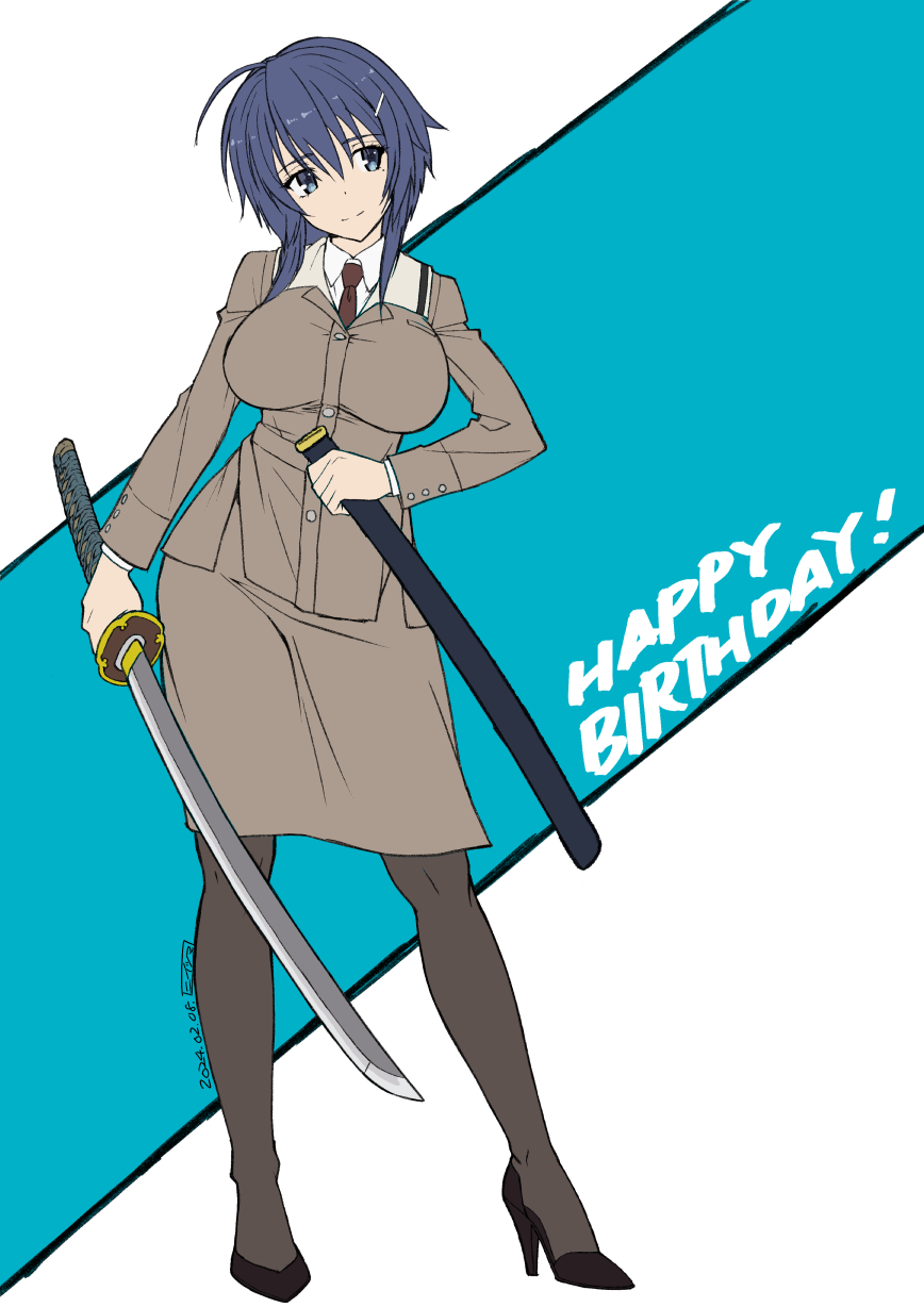1girl, ahoge, black_shoes, blue_eyes, blue_hair, breasts, brown_jacket, brown_necktie, brown_skirt, closed_mouth, collared_shirt, commentary_request, contrapposto, dated, full_body, grey_pantyhose, hair_between_eyes, hair_ornament, hairclip, happy_birthday, high_heels, highres, holding, holding_sheath, holding_sword, holding_weapon, jacket, katana, large_breasts, long_sleeves, necktie, niitsuma_daisuke_(animator), pantyhose, pencil_skirt, setouchi_chie, sheath, shirt, shoes, sidelocks, simple_background, skirt, smile, solo, standing, sword, toji_no_miko, weapon, white_shirt