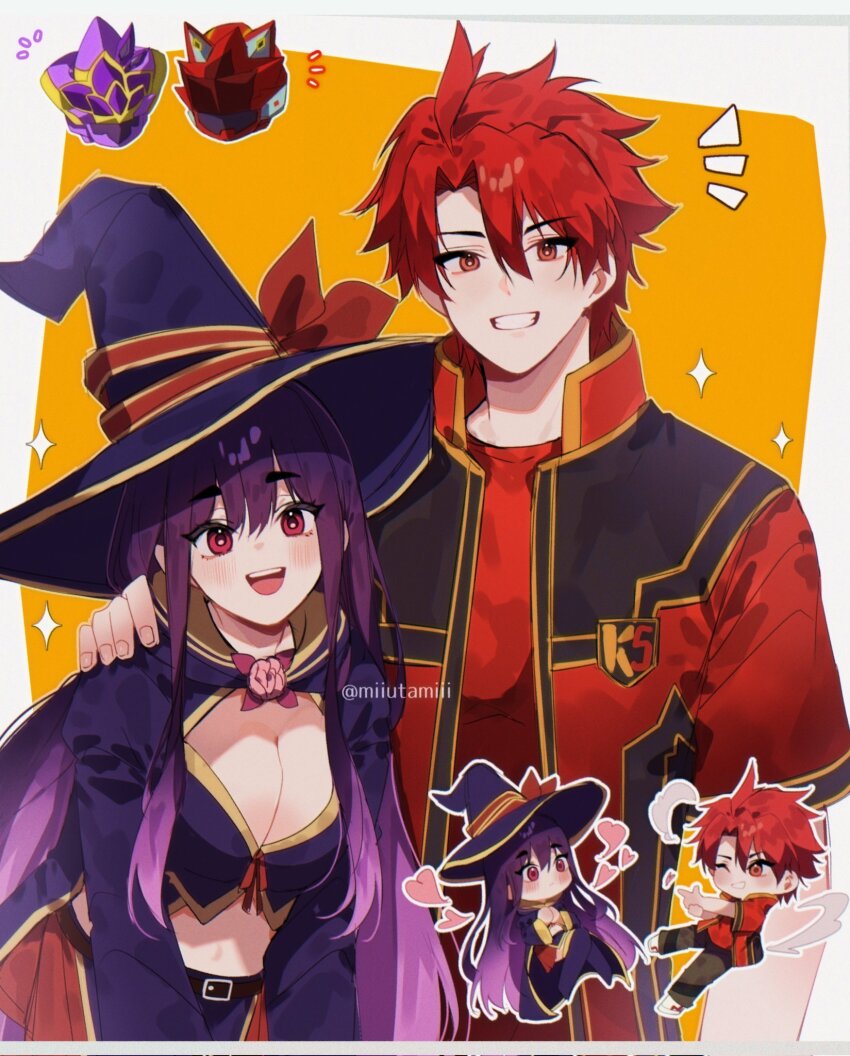 1boy, 1girl, belt, black_coat, black_hat, black_vest, blush, breasts