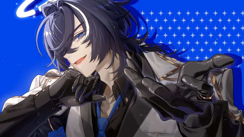 1boy, :d, absurdres, azeru_(vtuber), black_gloves, black_hair, black_shirt, blue_background