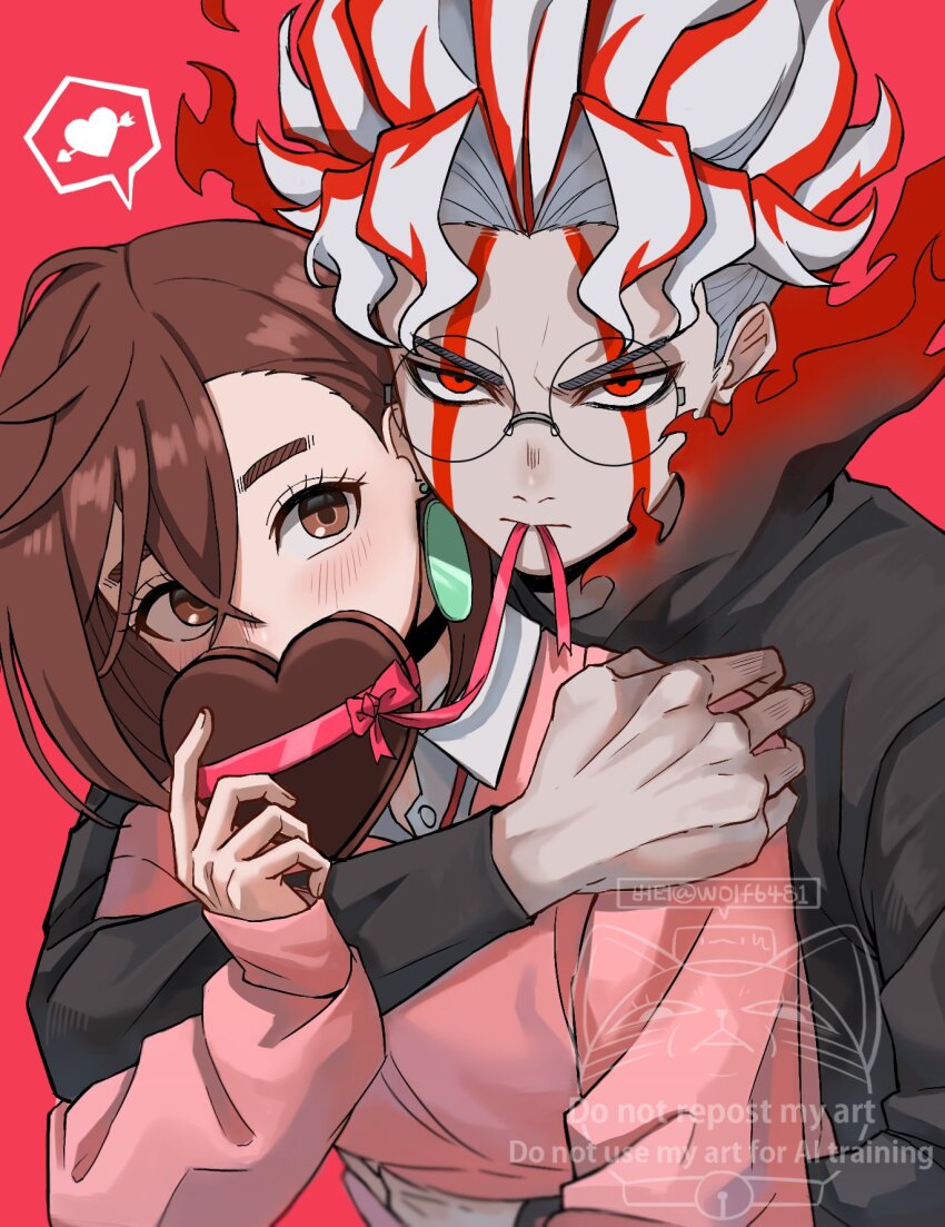 1boy, 1girl, alternate_form, arrow_through_heart, ayase_momo, black_choker, black_jacket, blush