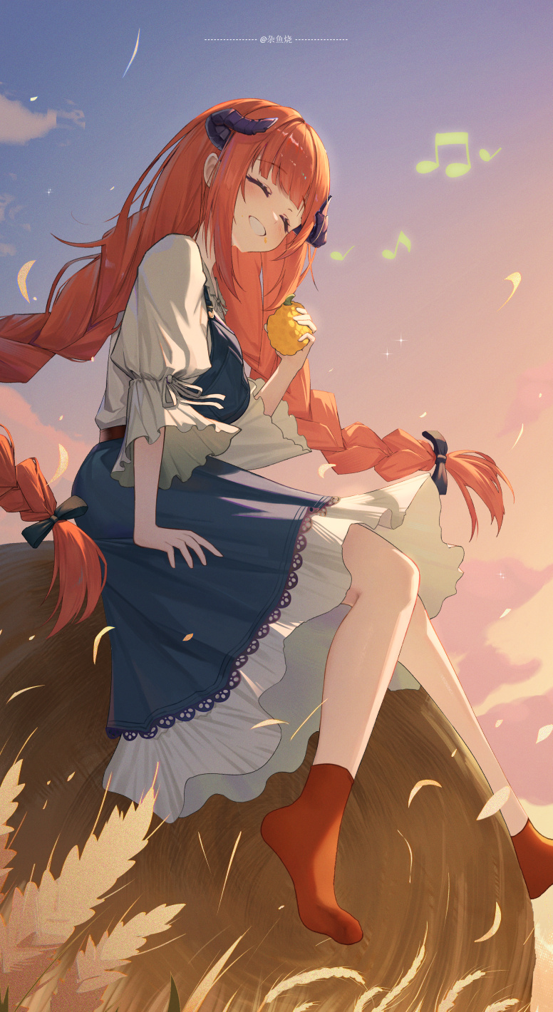 1girl, ankle_socks, arknights, bagpipe_(arknights), bagpipe_(echo_of_bagpipes)_(arknights), black_dress, black_horns, black_ribbon, blue_sky, braid, closed_eyes, commentary_request, dragon_horns, dress, food, fruit, full_body, gradient_sky, hair_ribbon, highres, holding, holding_food, holding_fruit, horns, long_hair, low-braided_long_hair, low-tied_long_hair, musical_note, official_alternate_costume, orange_hair, orange_socks, outdoors, pinafore_dress, puffy_sleeves, ribbon, sidelocks, sitting, sky, sleeveless, sleeveless_dress, smile, socks, solo, twin_braids, wheat, white_dress, zayur