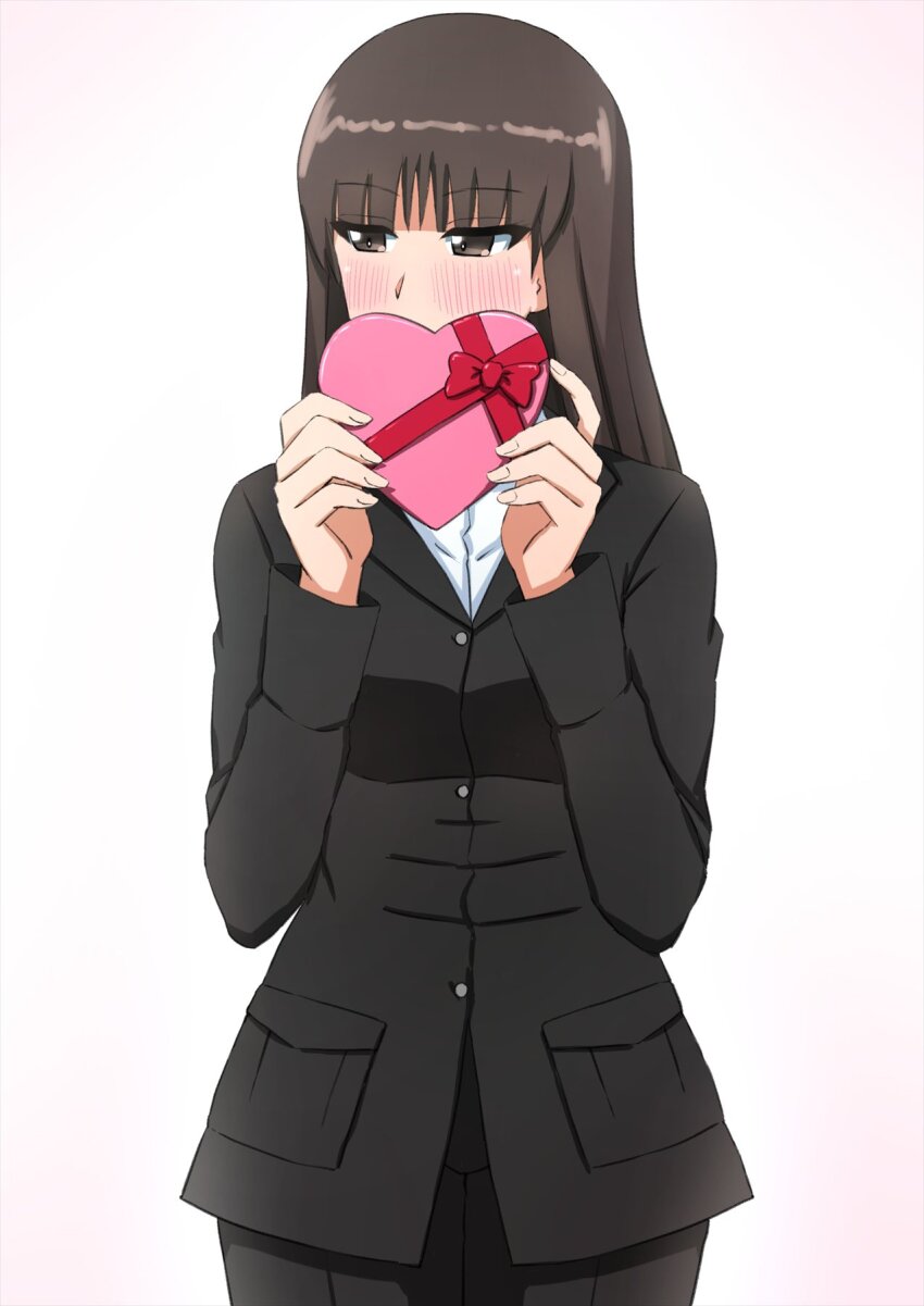 1girl, black_jacket, black_pants, black_suit, blush, box, brown_eyes, brown_hair