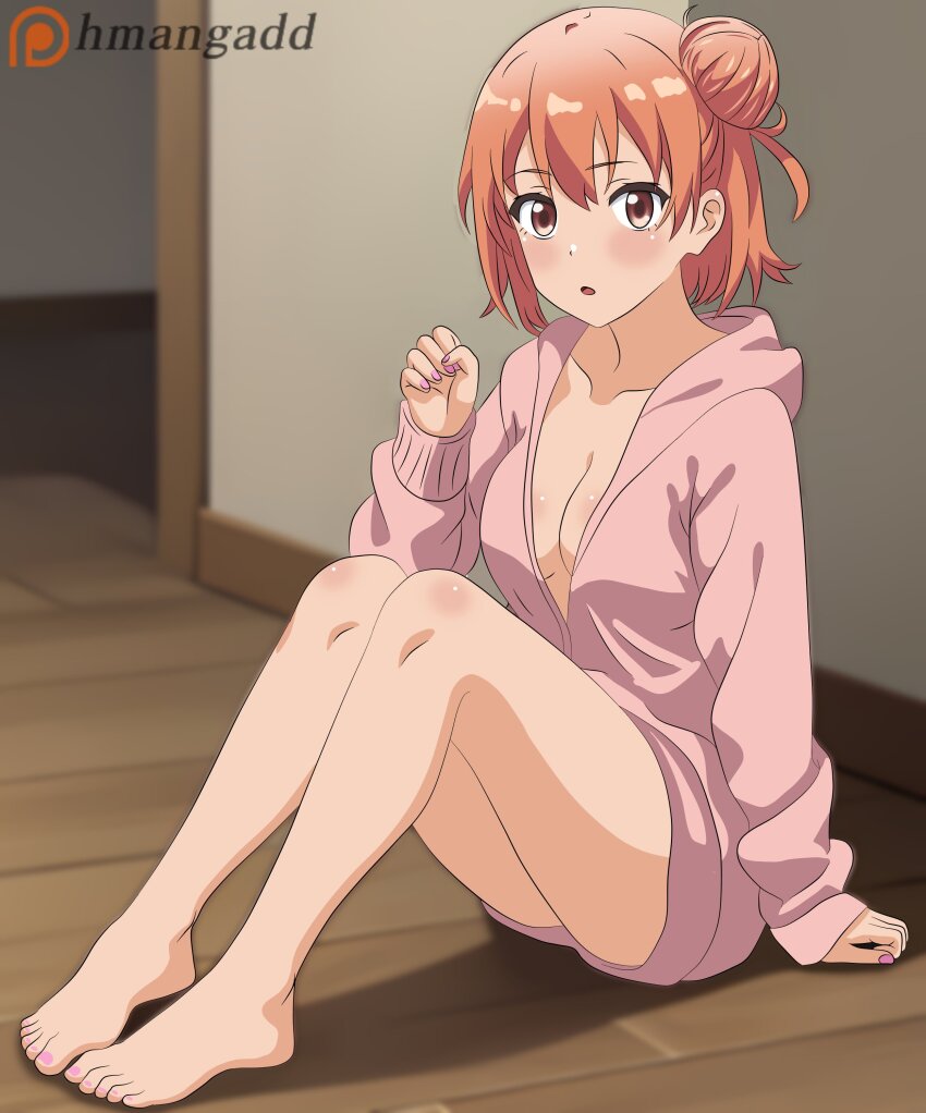 1girl, absurdres, barefoot, blurry, blush, breasts, brown_eyes, cleavage