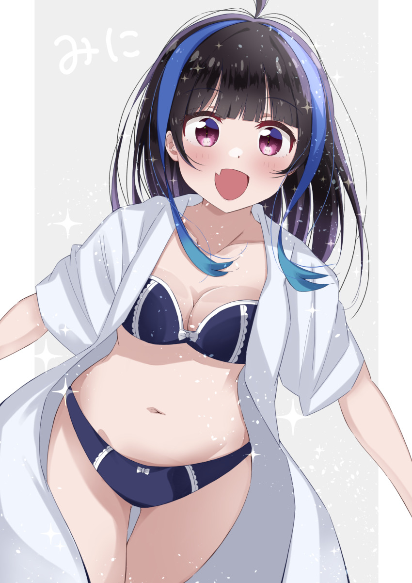 1girl, :d, black_hair, blue_bra, blue_hair, blue_panties, blunt_bangs, blush, bra, breasts, character_name, fang, grey_background, highres, kanojo_okarishimasu, light_particles, looking_at_viewer, medium_breasts, multicolored_hair, navel, open_clothes, open_mouth, open_shirt, oyatsu_(1727318), panties, purple_eyes, shirt, short_sleeves, skin_fang, slit_pupils, smile, solo, streaked_hair, thigh_gap, underwear, white_shirt, yaemori_mini