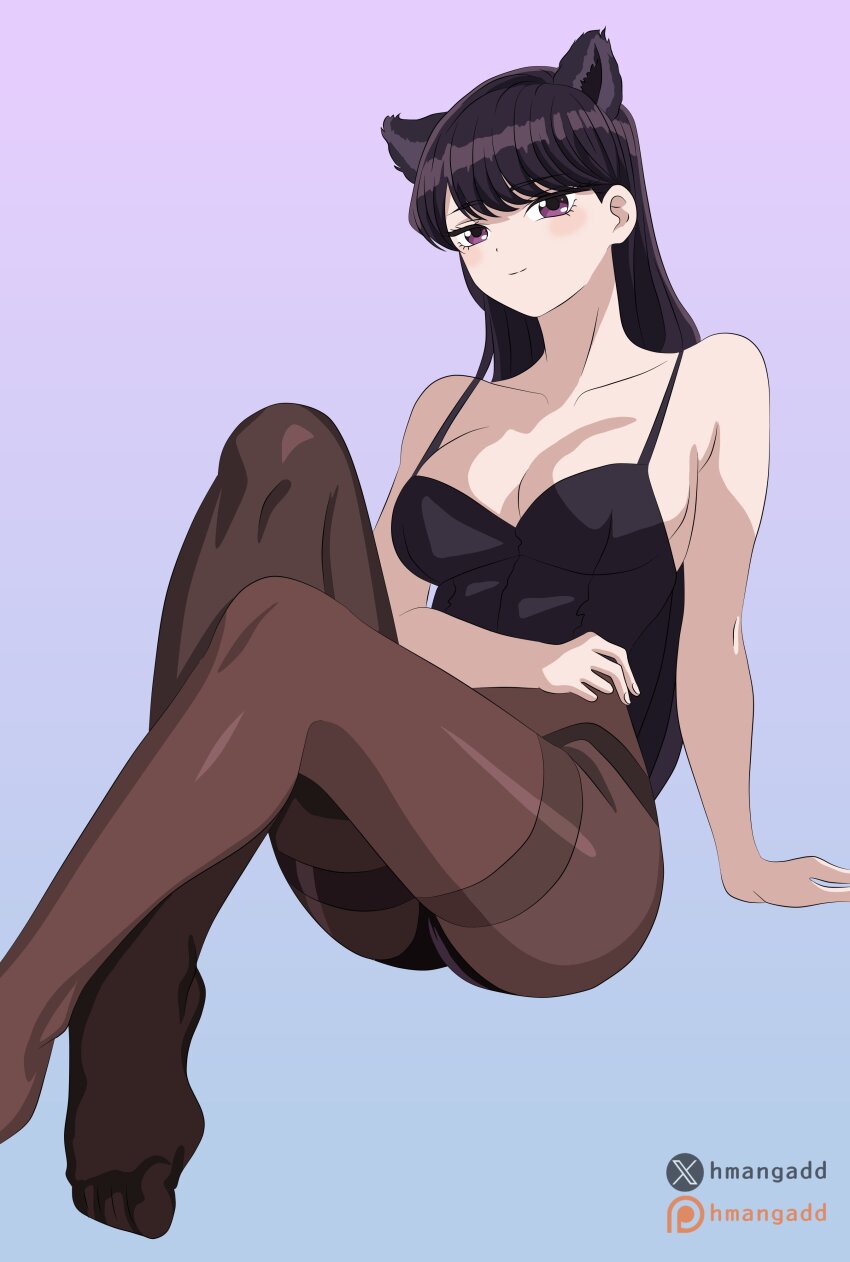 1girl, absurdres, animal_ears, arm_support, black_hair, black_leotard, blue_background, breasts