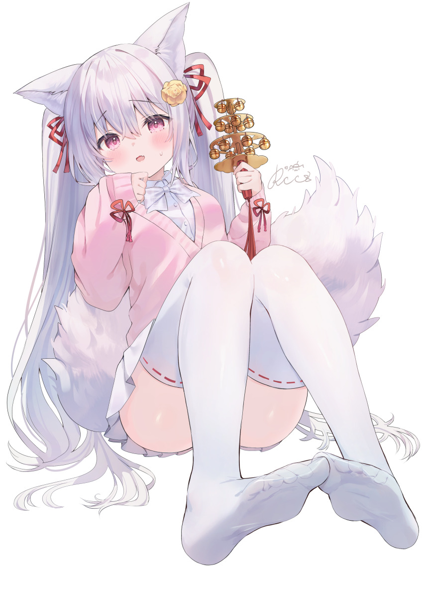 1girl, absurdres, animal_ears, bell, blush, fox_ears, fox_girl, fox_tail