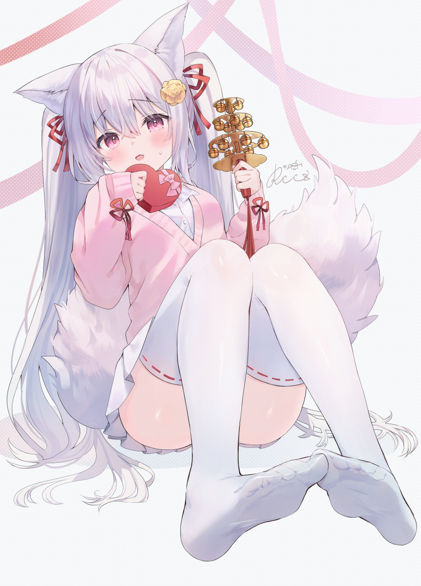 1girl, absurdres, animal_ears, bell, blush, box, fox_ears, fox_girl