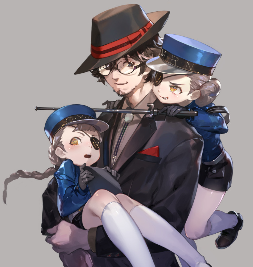 1boy, 2girls, amamiya_ren, beard, black_hat, black_jacket, blue_hat, bolo_tie