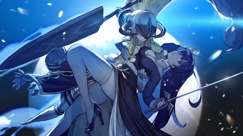 2girls, armor, armored_dress, black_hair, blonde_hair, blue_eyes, breasts, covered_eyes