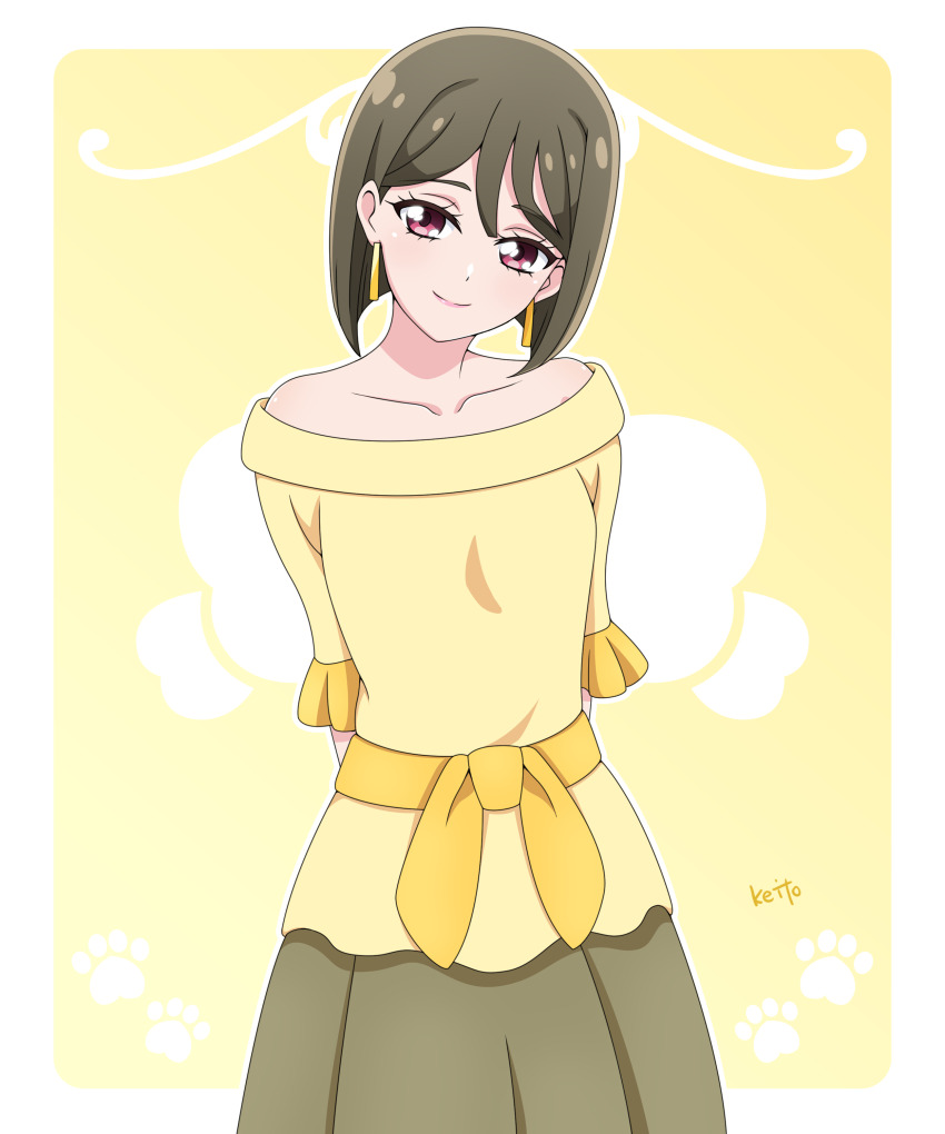 1girl, absurdres, arms_behind_back, artist_name, bare_shoulders, blouse, border, breasts