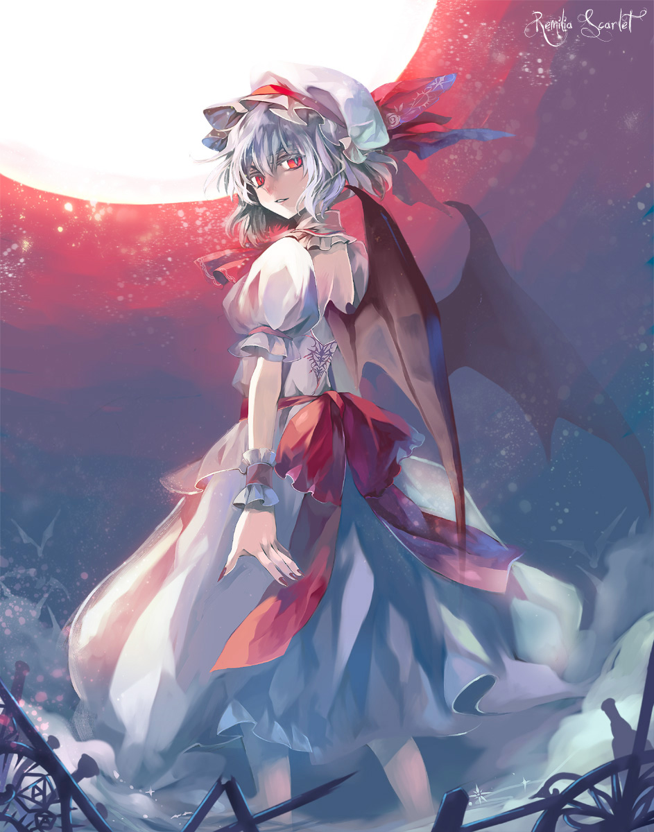 1girl, bat_(animal), bat_wings, broken, female_focus, fence, fori, from_behind, full_moon, hat, highres, light_smile, looking_back, moon, nail_polish, red_eyes, remilia_scarlet, rin_(harakiri), short_hair, silver_hair, slit_pupils, solo, touhou, wings, wrist_cuffs, wristband