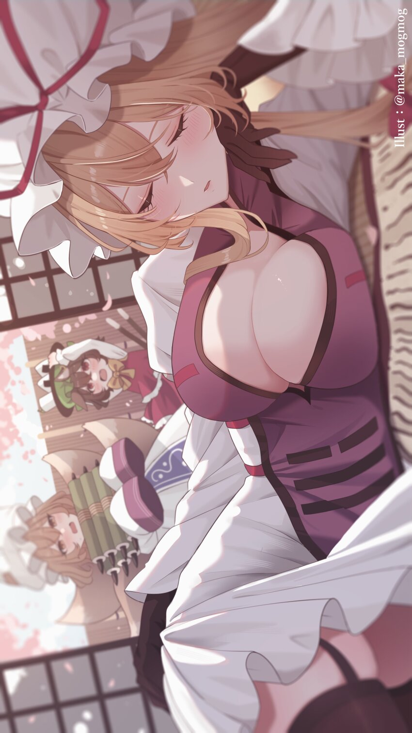 3girls, absurdres, animal_ears, arms_up, backpack, bag, black_gloves, black_thighhighs