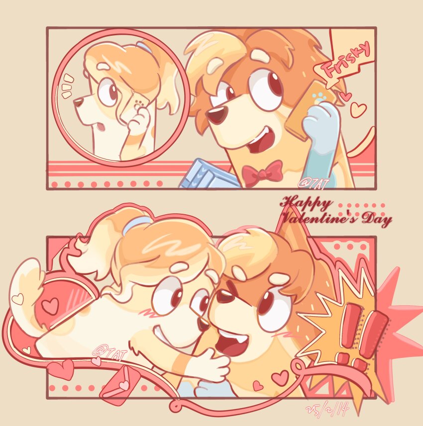 !, !!, absurdres, baowenbei0715, blonde_hair, bluey, bow, bowtie, box, dated, frisky_heeler, gift, gift_box, happy_valentine, heart, highres, hug, radley_heeler, red_bow, red_bowtie, signature