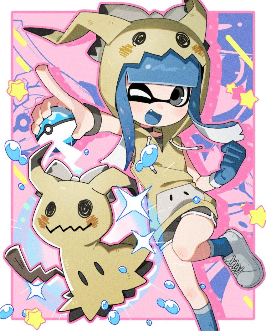 1girl, black_choker, blue_gloves, blue_hair, blue_socks, blue_tongue, blunt_bangs, border