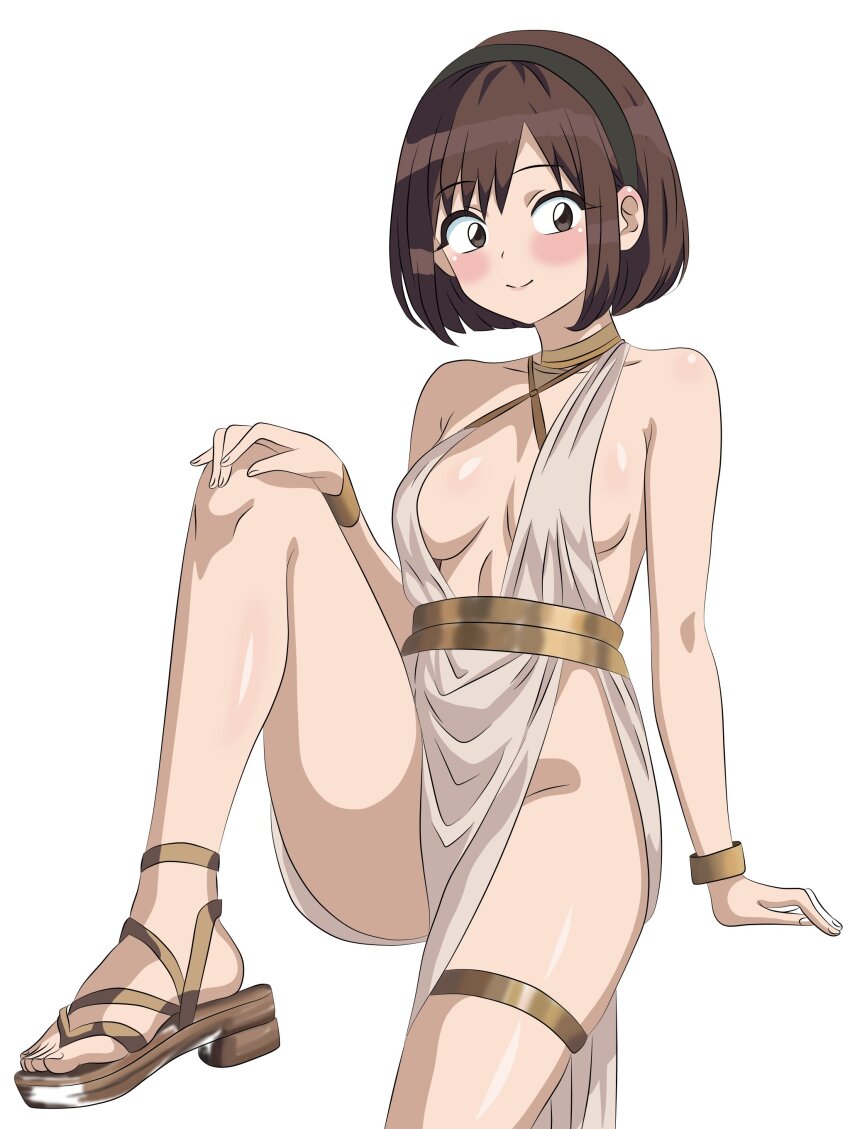 1girl, absurdres, ancient_greek_clothes, black_hairband, bracelet, breasts, brown_eyes, brown_hair
