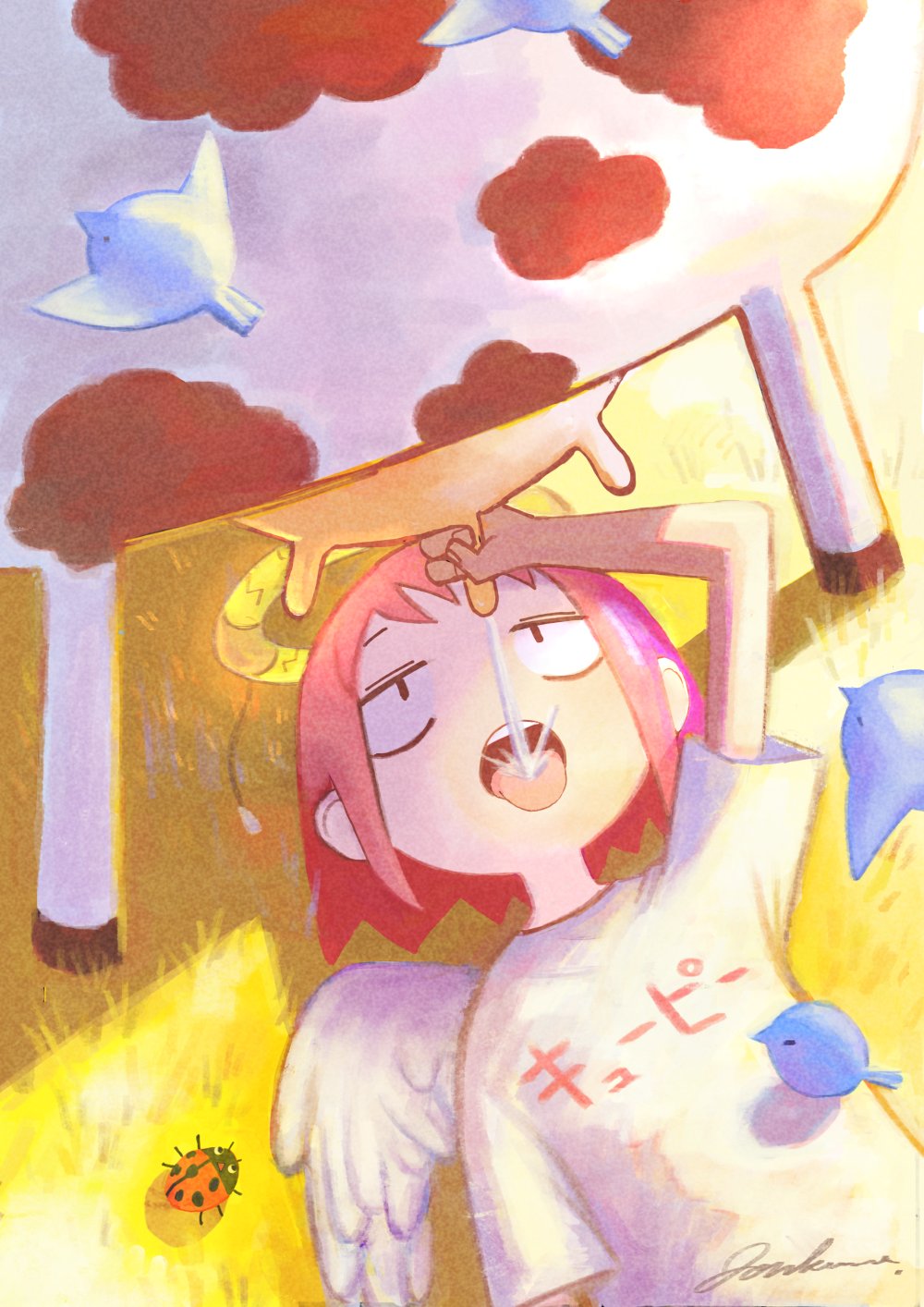 1girl, angel, angel_wings, animal, bird, bug, cow, feathered_wings