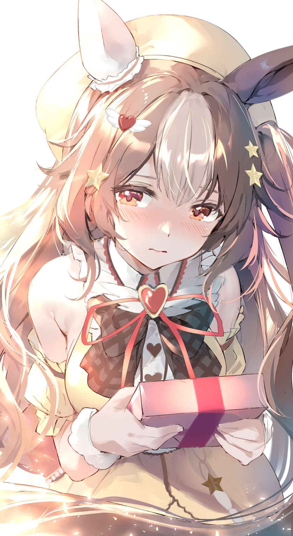 1girl, animal_ears, box, breasts, brown_hair, closed_mouth, commentary_request, gift