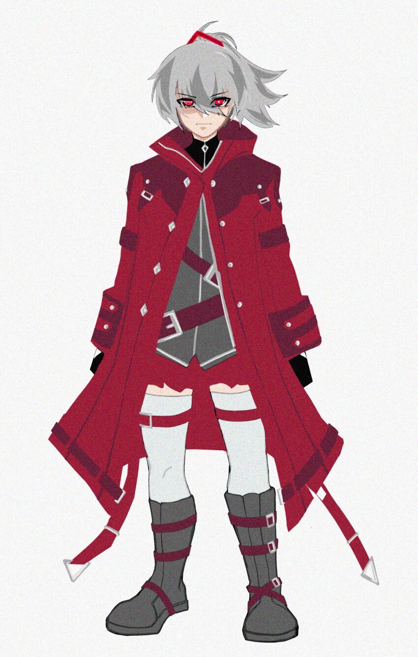 1girl, ando_tazusa, arms_at_sides, assault_lily, belt, black_gloves, boots, closed_mouth, coat, commentary, eyes_visible_through_hair, full_body, gloves, grey_background, grey_boots, grey_hair, grey_shirt, hair_between_eyes, hair_ribbon, high_ponytail, highres, knee_boots, kurokuazu, long_bangs, long_sleeves, looking_at_viewer, miniskirt, multiple_belts, official_alternate_costume, official_alternate_hair_color, open_clothes, open_coat, ponytail, red_belt, red_coat, red_eyes, red_ribbon, red_skirt, ribbon, shirt, short_hair, simple_background, skirt, solo, standing, thigh_belt, thigh_strap, thighhighs, v-shaped_eyebrows, white_thighhighs