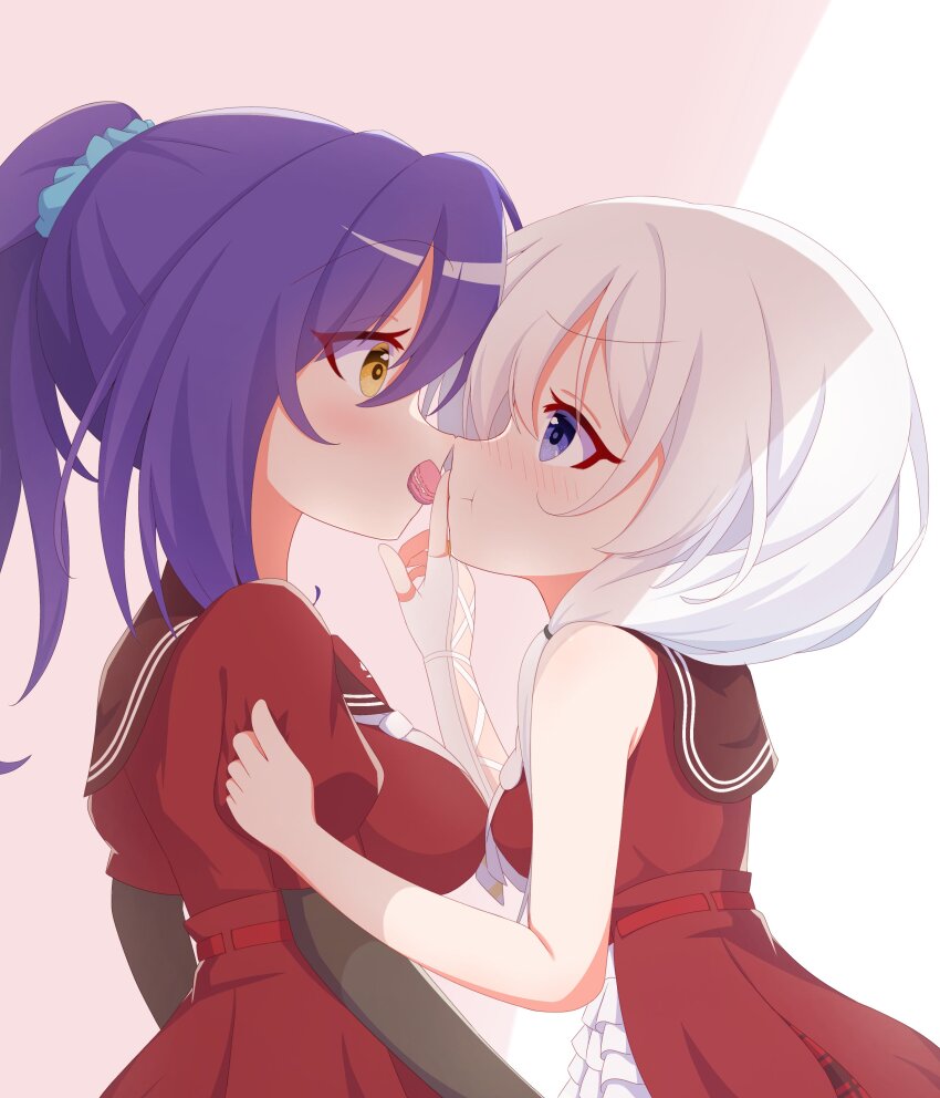 2girls, :t, absurdres, arms_at_sides, assault_lily, bare_shoulders, belt, blue_eyes