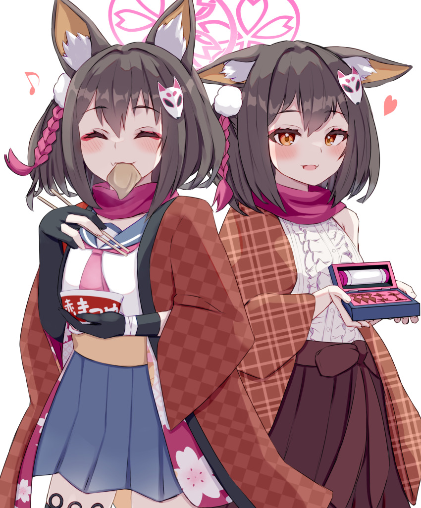 1girl, a_shi_tea, alternate_costume, animal_ear_fluff, animal_ears, black_gloves, blue_archive, blue_sailor_collar, blue_skirt, blush, bowl, box, braid, checkered_haori, chocolate, chopsticks, closed_eyes, food_in_mouth, fox_ears, fox_girl, fox_mask, frilled_shirt, frills, gloves, haori, highres, holding, holding_bowl, holding_box, holding_chopsticks, izuna_(blue_archive), japanese_clothes, kunai, looking_at_viewer, mask, open_mouth, partially_fingerless_gloves, pink_ribbon, plaid_haori, pom_pom_(clothes), red_haori, red_ribbon, red_skirt, ribbon, sailor_collar, sash, shirt, single_braid, skirt, smile, weapon, white_shirt, yellow_eyes, yellow_sash