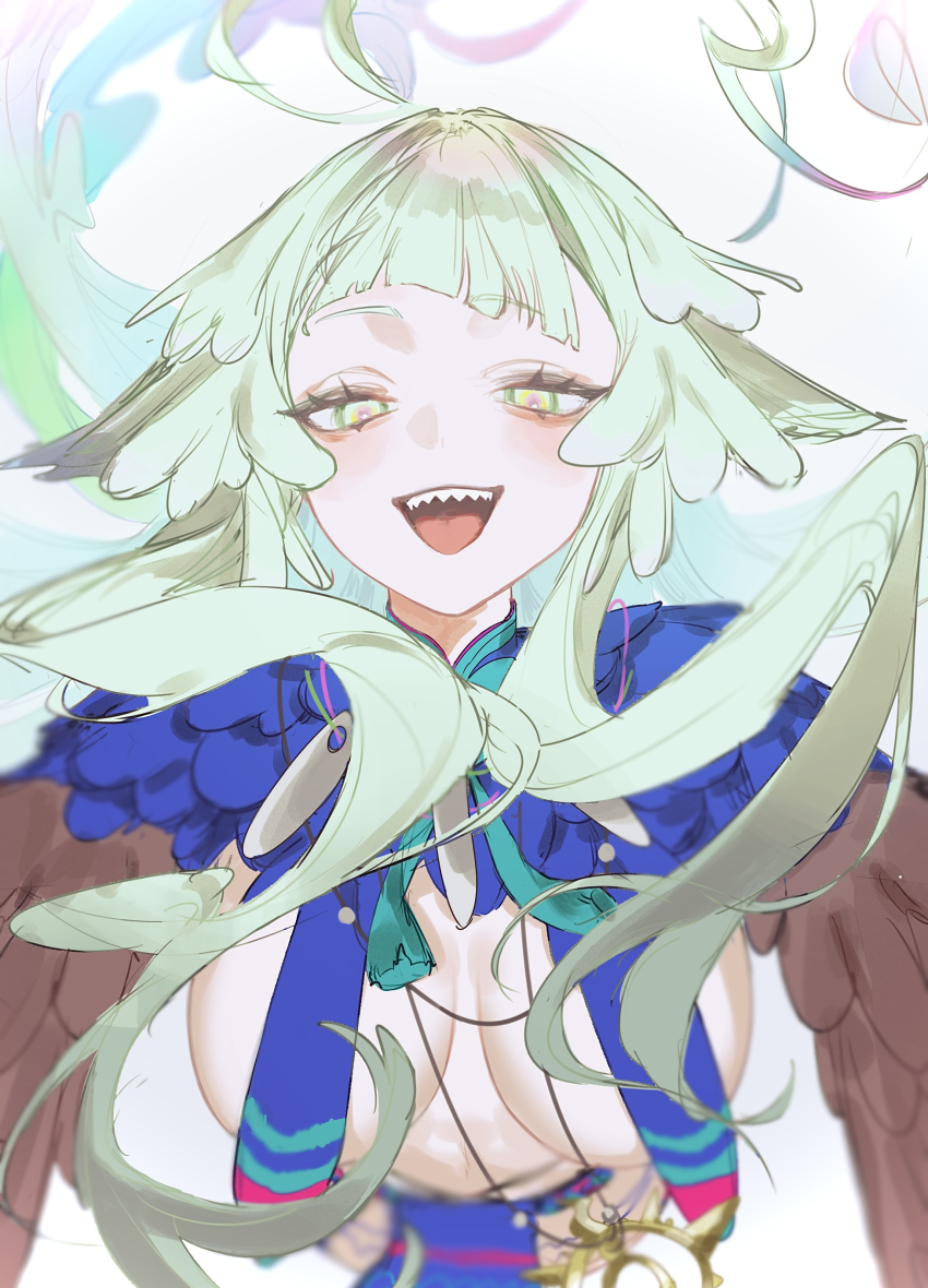 1girl, absurdres, ahoge, blush, breasts, fate/grand_order, fate_(series), feathered_wings, feathers, harpy, highres, jewelry, large_breasts, loincloth, long_hair, looking_at_viewer, louhi_(fate), louhi_(third_ascension)_(fate), monster_girl, necklace, olm_dd, open_mouth, sharp_teeth, sidelocks, smile, solo, teeth, white_eyes, white_hair, winged_arms, wings