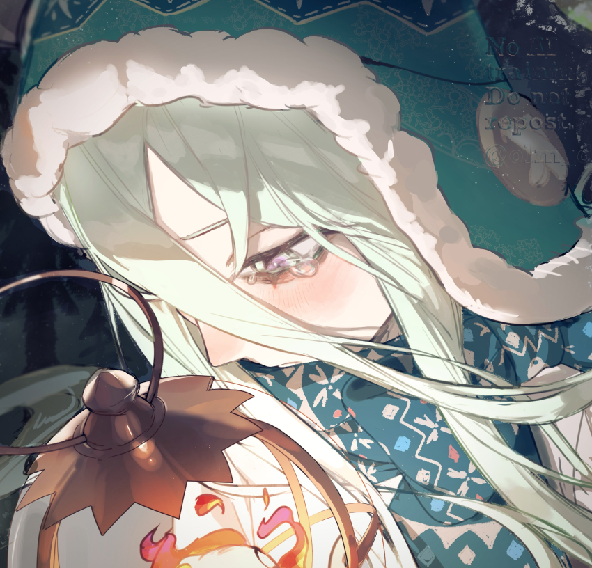 1girl, absurdres, beanie, bird, blue_hat, blue_scarf, blush, breasts