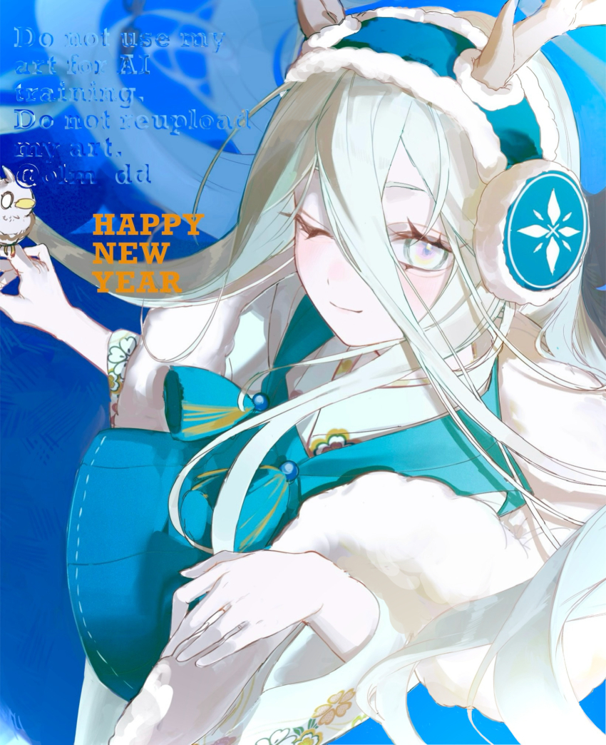 1girl, bird, blue_dress, blush, breasts, dress, earmuffs, fate/grand_order