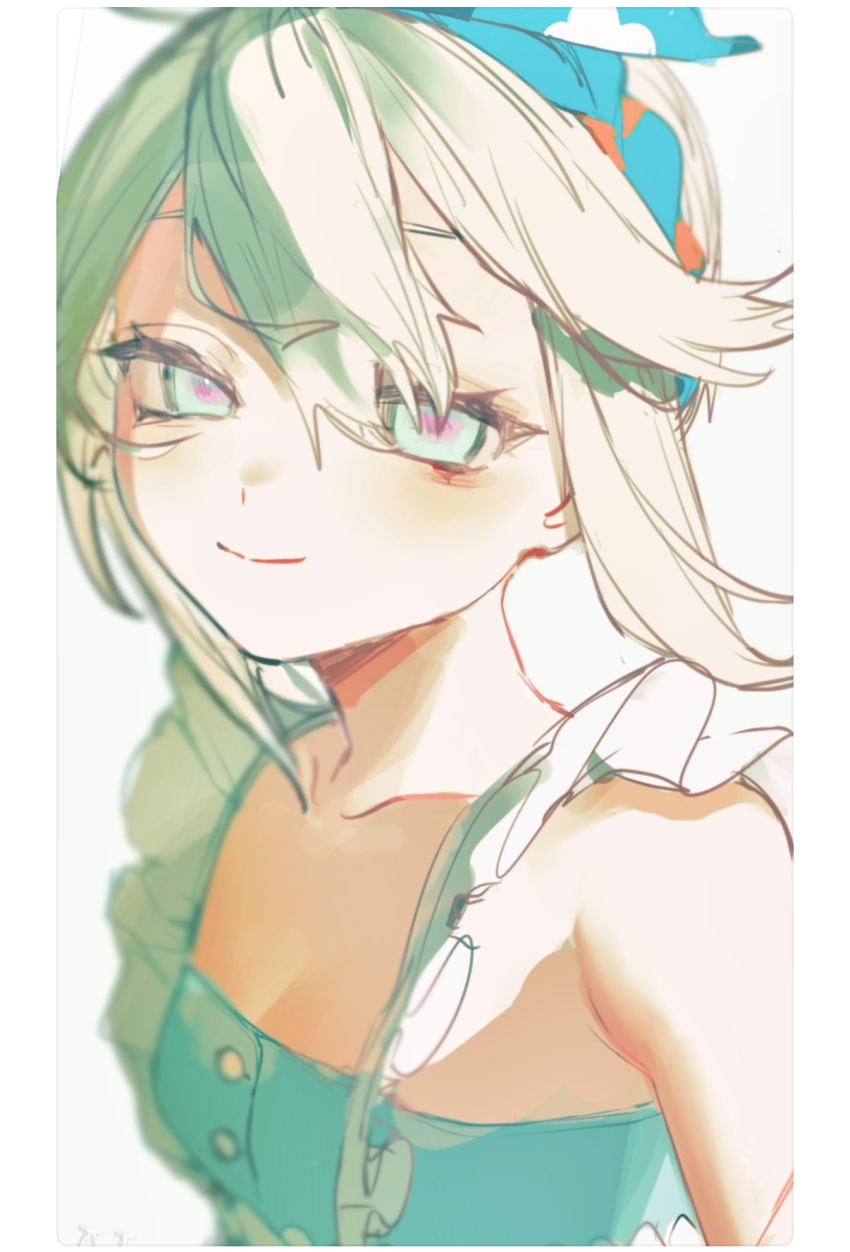 1girl, bare_shoulders, blue_dress, blue_ribbon, blush, breasts, closed_mouth, dress