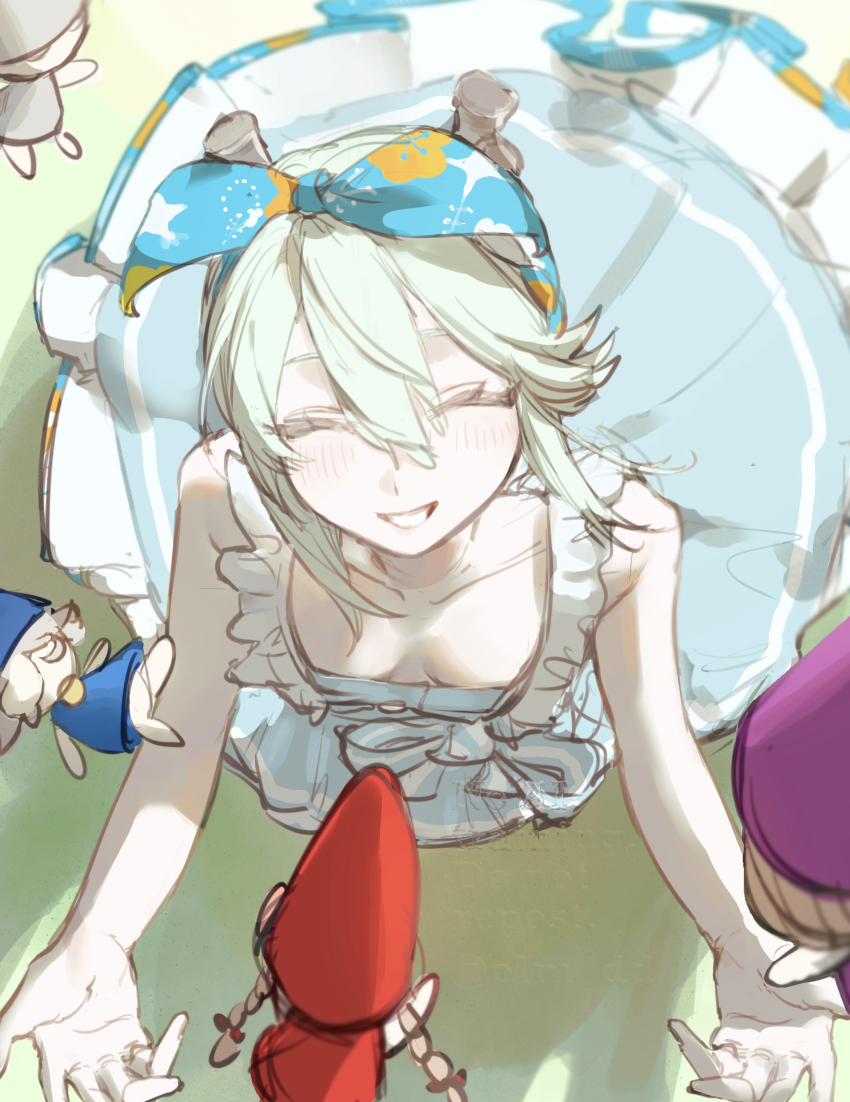 1girl, absurdres, bare_shoulders, blue_dress, blue_ribbon, blush, bow, breasts