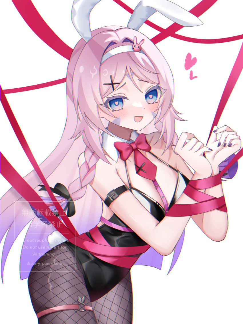 1boy, animal_ears, arm_belt, bare_shoulders, black_bow, black_leotard, blue_eyes, blush