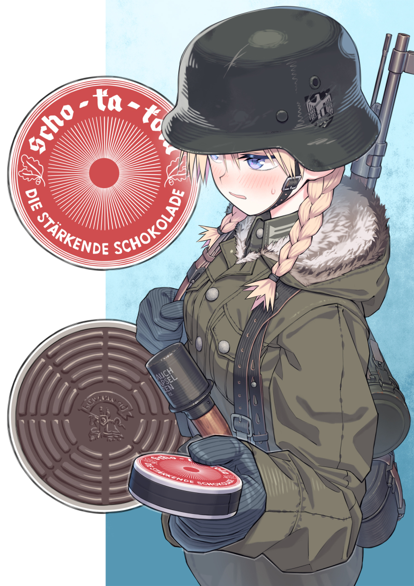 1girl, blonde_hair, blue_eyes, blue_gloves, blush, bolt_action, breasts, canister, chocolate, combat_helmet, drugs, from_above, gloves, green_jacket, gun, gun_sling, helmet, highres, holding, jacket, load_bearing_equipment, long_sleeves, mauser_98, medium_breasts, original, panzerschokolade, parted_lips, reichsadler, rifle, samaru_(seiga), short_twintails, solo, stahlhelm, stick_grenade, swastika, sweatdrop, twintails, weapon, wehrmacht
