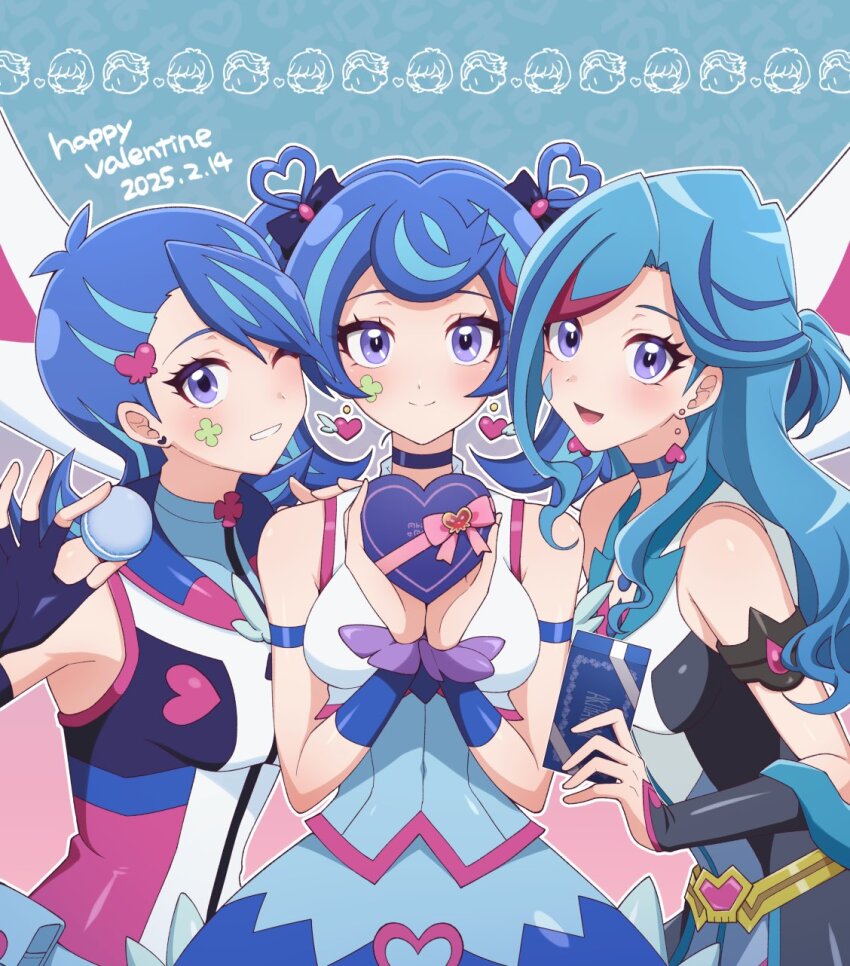3girls, bare_shoulders, blue_angel_(yu-gi-oh!), blue_eyes, blue_girl, blue_hair, blue_maiden, blue_sky, bodysuit, box, breasts, dress, facial_tattoo, gift, happy_valentine, heart-shaped_box, highres, holding, holding_gift, leaf_tattoo, long_hair, medium_breasts, medium_hair, multicolored_hair, multiple_girls, one_eye_closed, purple_bodysuit, red_hair, shirt, sky, streaked_hair, tattoo, teardrop_tattoo, twintails, two-tone_hair, upper_body, valentine, white_bodysuit, white_dress, white_shirt, yakishio_(yakishioman), yu-gi-oh!, yu-gi-oh!_vrains, zaizen_aoi