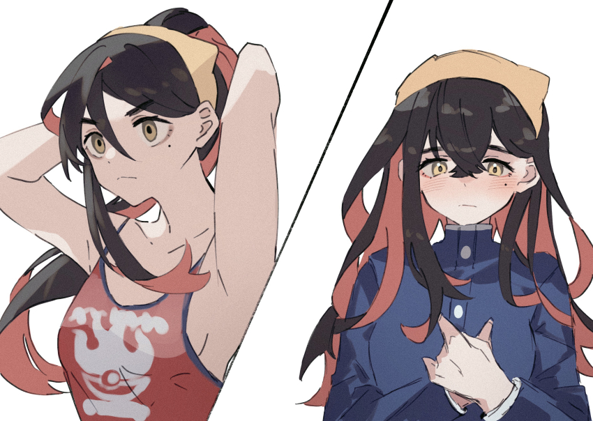 1girl, :<, alternate_costume, alternate_hairstyle, armpits, arms_behind_head, arms_up, black_hair