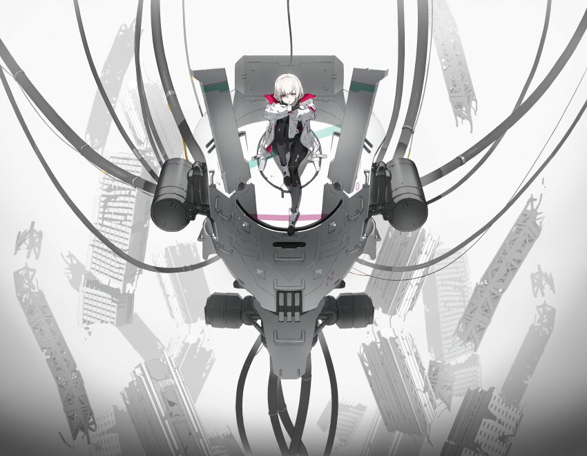 1girl, absurdres, ada_(synduality), arms_on_knees, bob_cut, bodysuit, boots, bowie_rabbit