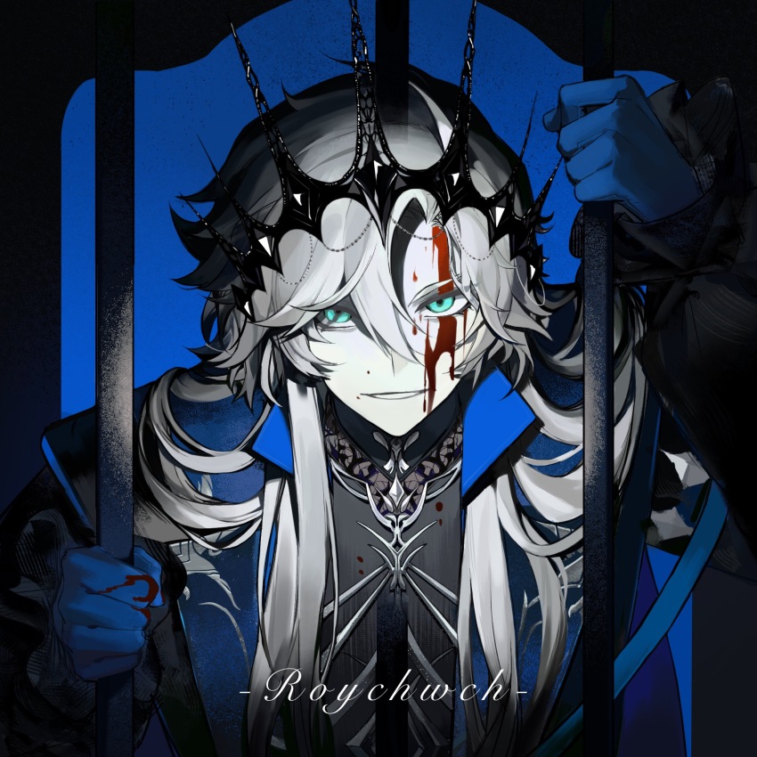 0723_yuan_shang_fuhuo_ban, 1boy, aqua_eyes, bars, black_shirt, blood, blood_on_clothes, blood_on_face